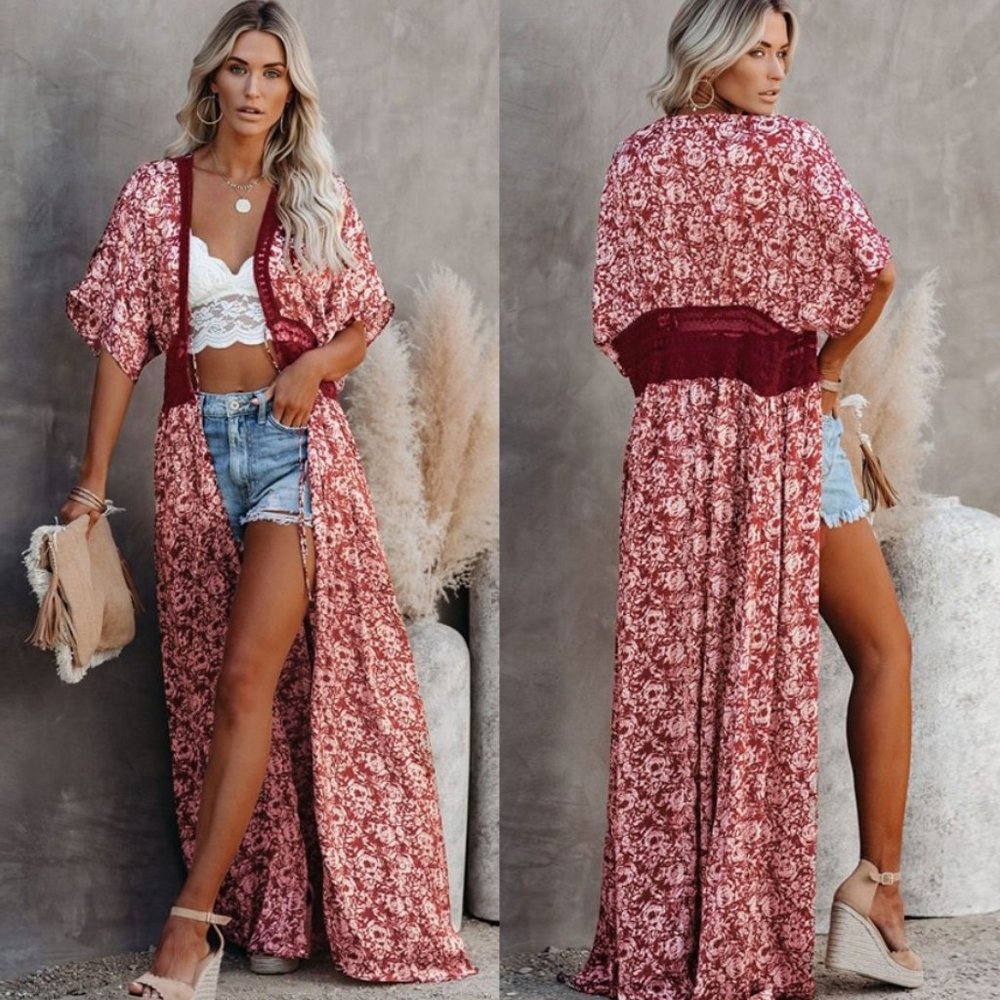New Red Floral & Lace Kimono Maxi Beach Dress Cover-Up - Picture 2 of 12